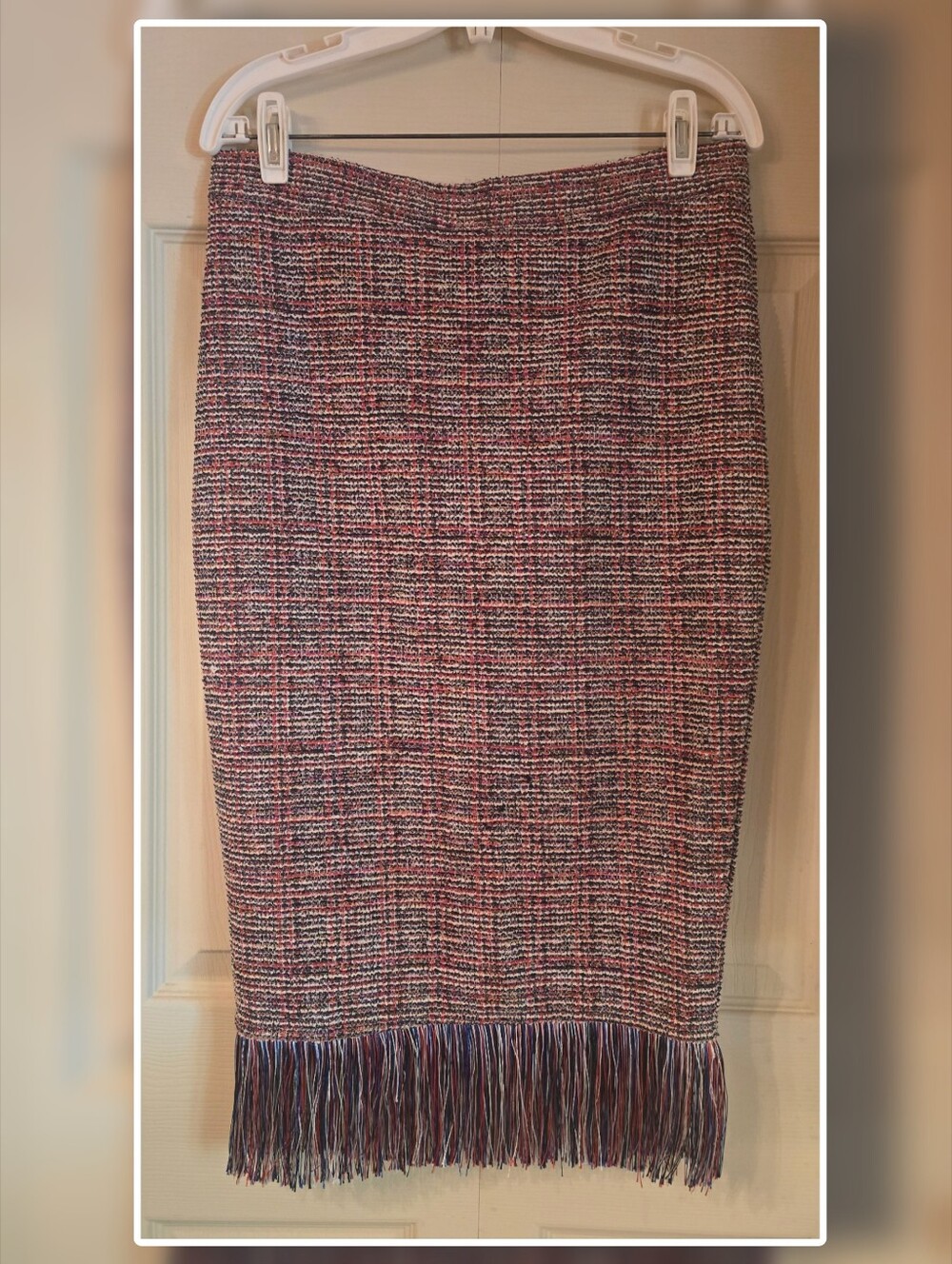 SHEIN Pink/Black/Navy & Cream Tweed Fringe Pencil Skirt